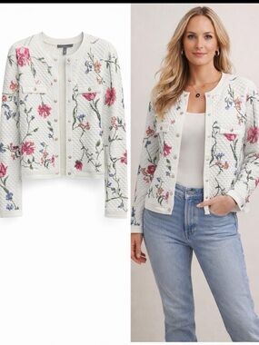 White House Black Market Floral Quilted Snap-Front Cardigan Jacket Size XS